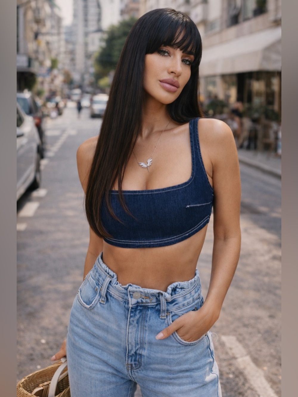 NWT Zara Blue Denim Fitted Crop Top 💙 Square Neck It Girl Street Style Top